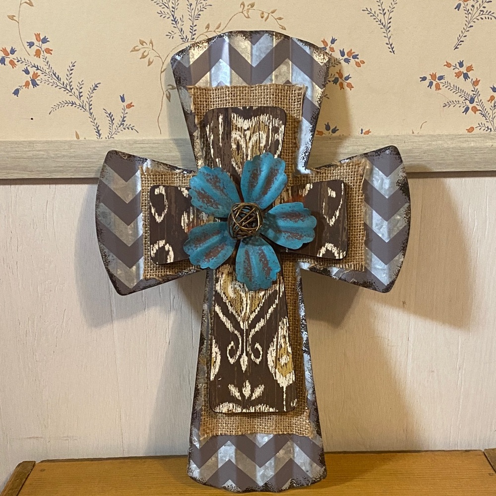Decorative Cross with Blue Flower Accent